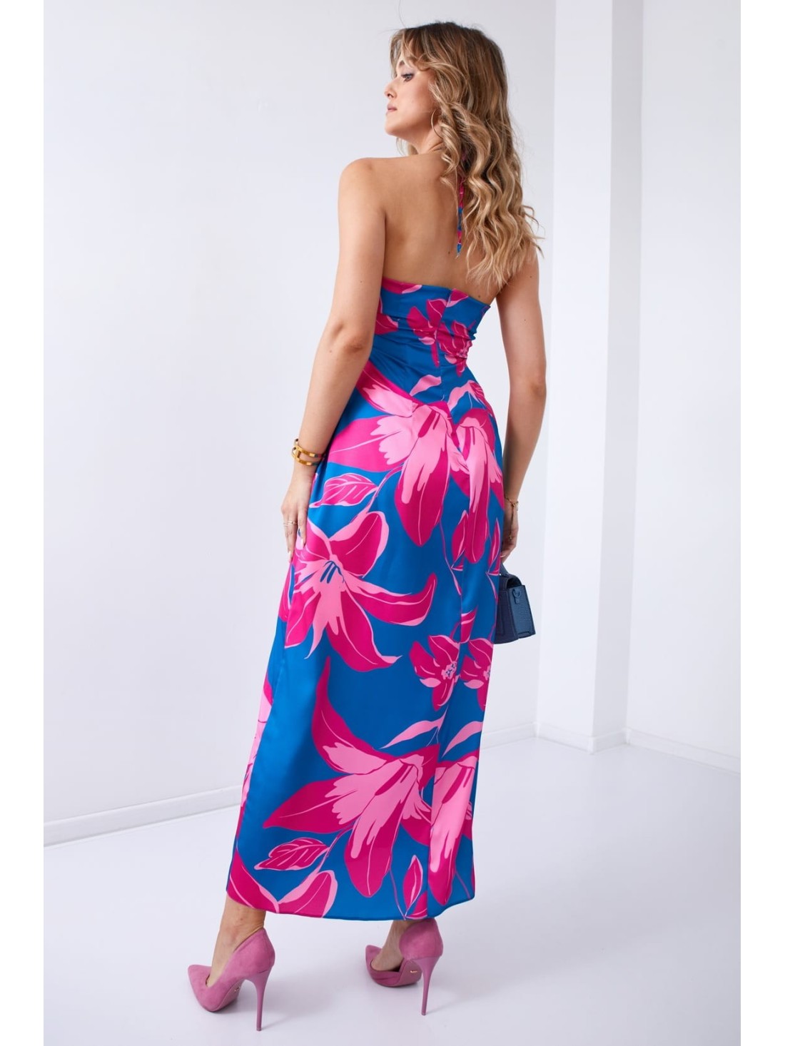 Maxi dress with cutouts and tied neckline, navy blue 110620 - Online store - Boutique